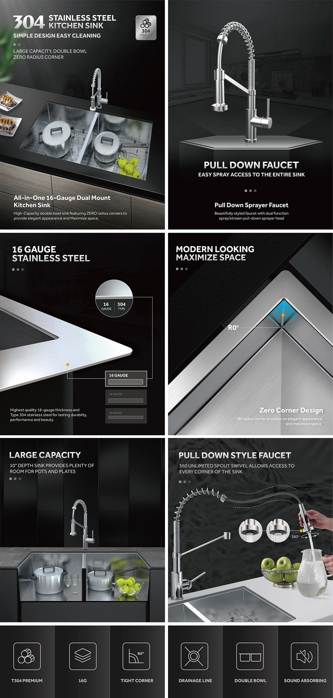 Glacier Bay Professional 32 in. All in One Undermount 16G Stainless Steel 50/50 Double Bowl